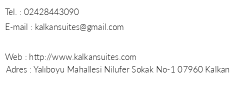 Kalkan Suites telefon numaralar, faks, e-mail, posta adresi ve iletiim bilgileri